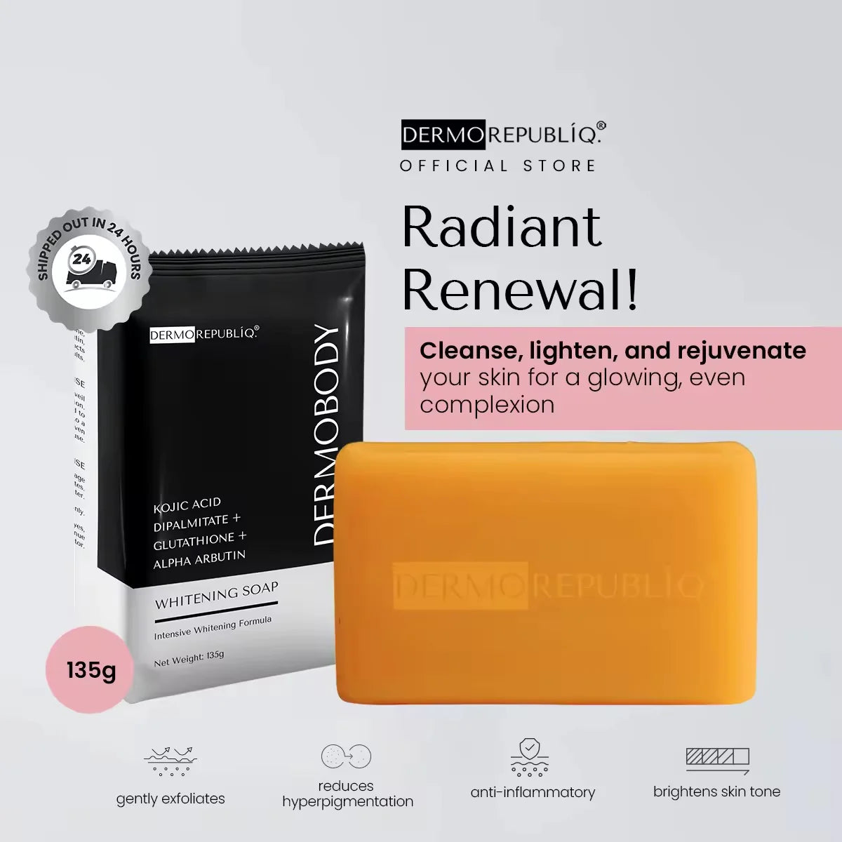 Dermo Republiq Dermobody - Kojic Acid + Dipalmitate + Glutathione + Alpha Arbutin Whitening Soap 135g